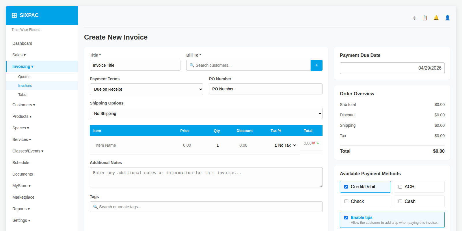 SIXPAC Create Invoice Dashboard
